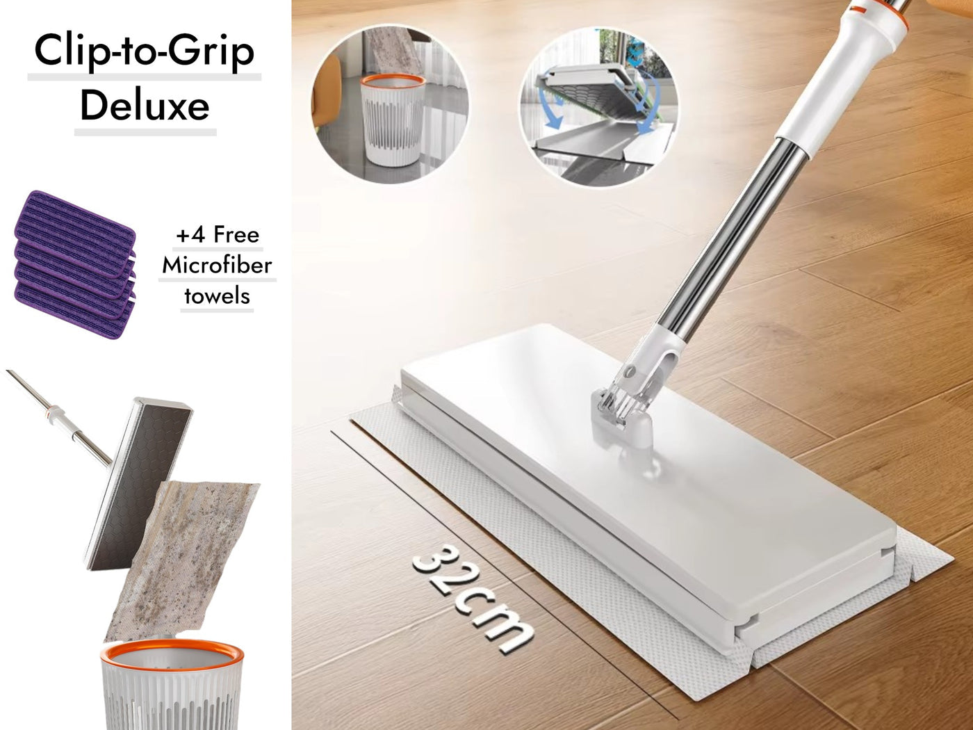 Deluxe Clip-to-Grip Mop 32 cm with 4 Microfiber Towels